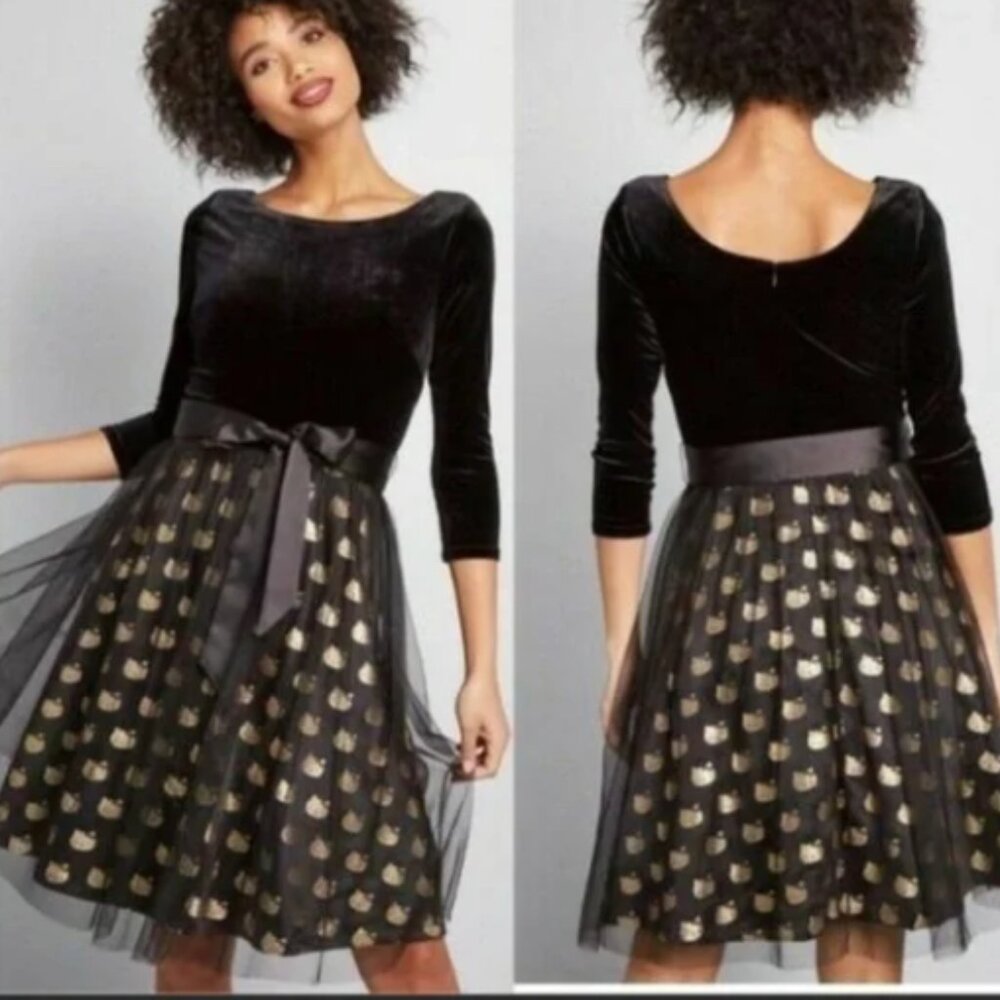 NWT ModCloth x Hello Kitty Velvet Tulle Black Gold Dress Small *Missing Belt